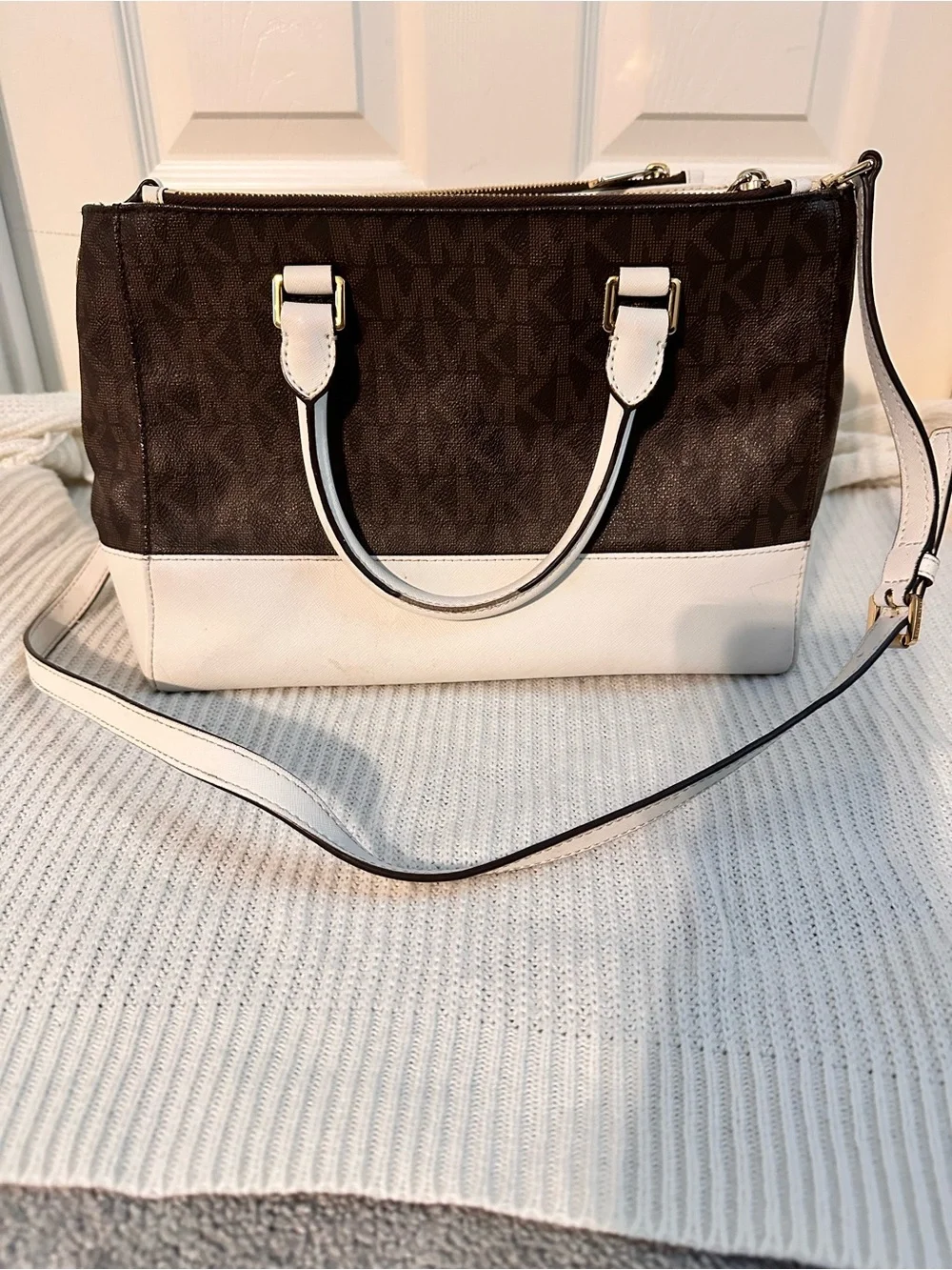Michael Kors Brown and White MK Logo Satchel with Gold Hardware